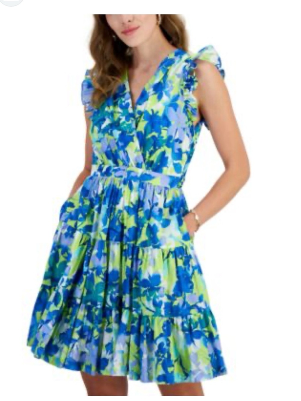 Taylor Blue & Green Floral V-Neck Tiered Mini Dress